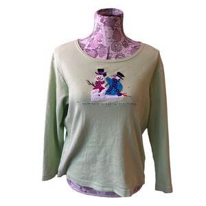 Cottagecore Womens Small Lime Green Snowman Embroidered xmas Long Sleeve Shirt
